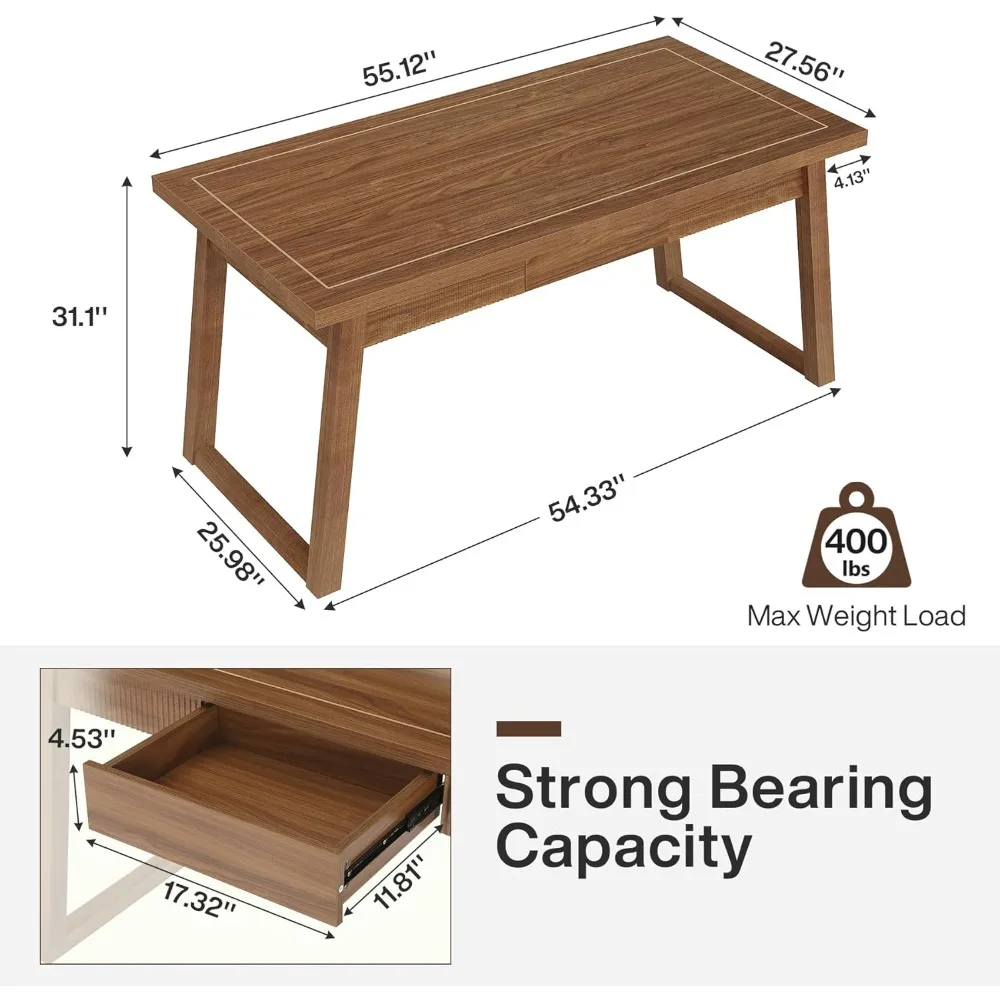 Home Office Executive Desk: 55 Inches Wooden Computer Desk with Drawer, Mid-Century Modern Study Writing Table, Rustic PC Lapto