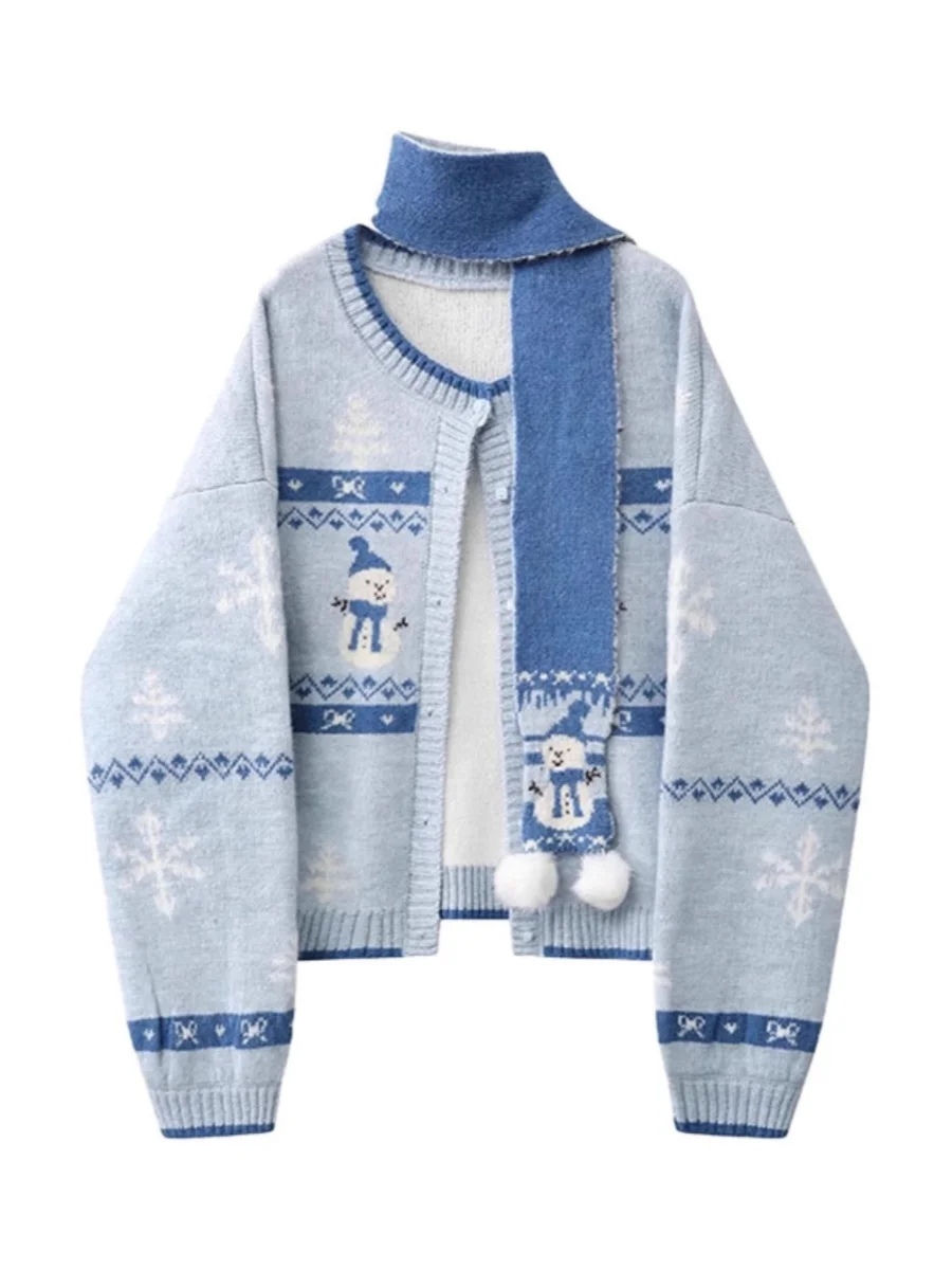 Maglione cardigan aperto lavorato a maglia blu da donna Thiened Lazy Sle Autunno Inverno Nuovo arrivo Fier Island Pupazzo di neve Faion Capispalla