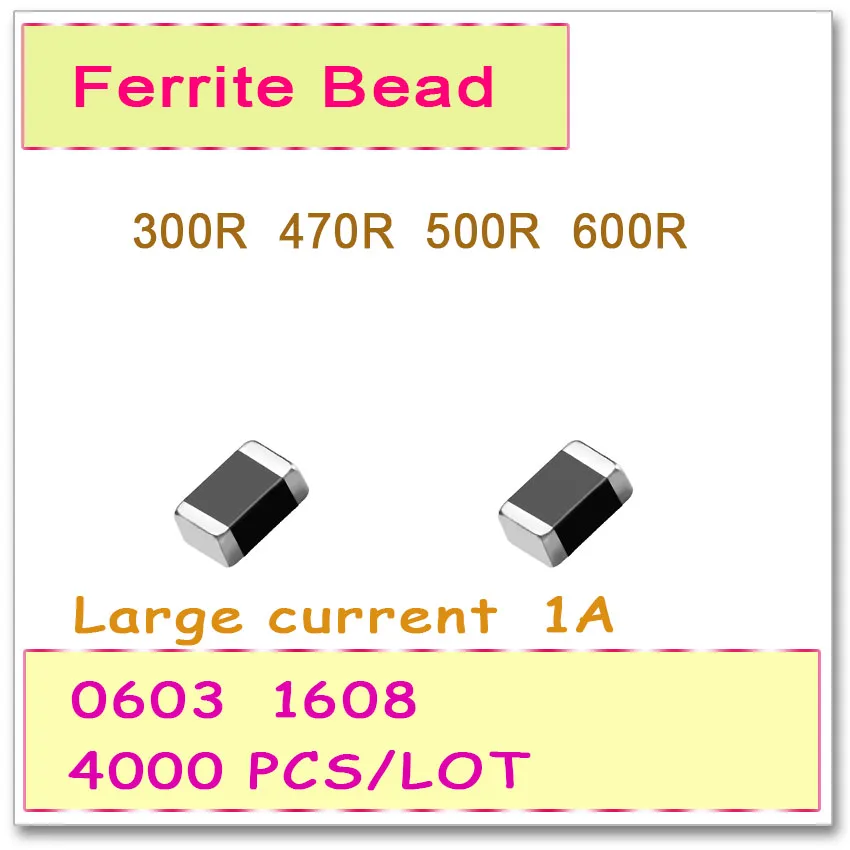 Jasnprosma 0603/1608 100 mhz 4000 pces 1a grande corrente smd ferrite grânulo 300r 470r 500r 600r 25% smd grânulo ohm fb alta qualidade