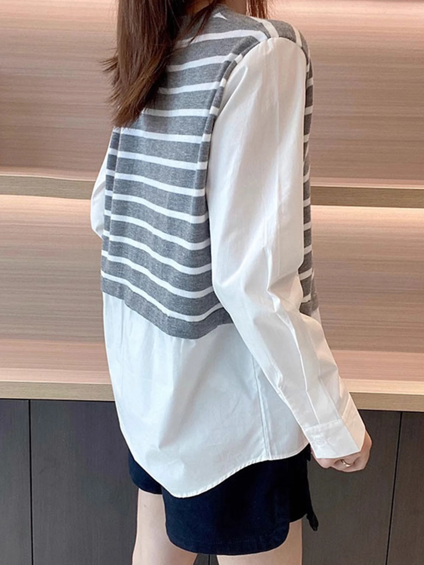 Korean Sle Knitted Patchwork Loose Long Sve Commute Top Women's Faionable Boting irt Autumn Seasonal Clothing