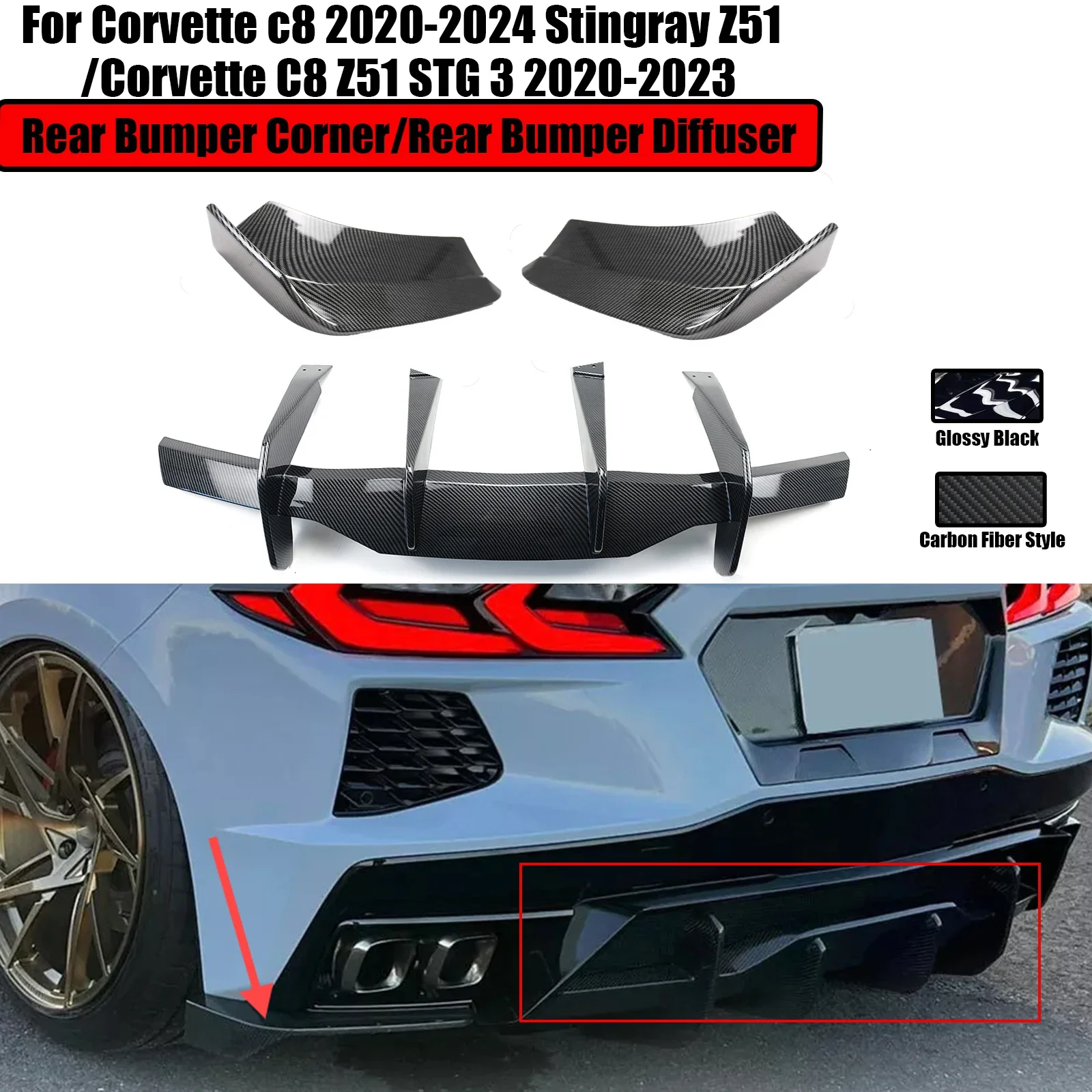 Rear Bumper Diffuser/Corner Extension For Chevrolet Corvette C8 Z51 STG 3 2020-2023/Stingray Z51 Body Kits Spoiler Splitter