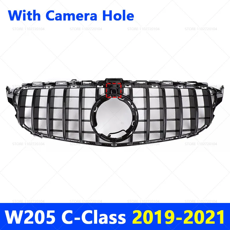 for 2015-2018 2019-2021 W205 C-Class Mercedes Benz C180 C200 C250 C300 C400 GT Front Bumper Grille Hood Grill With Camera Hole