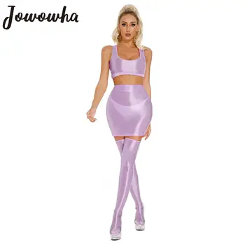 المرأة لامعة U الرقبة راسيرباك المحاصيل الأعلى مع حزام مطاط ، تنورة صغيرة ، الفخذ العليا جوارب ، Raves رداء حفلات ، بلا أكمام