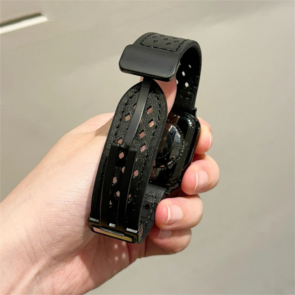 Luxury Leather Breathable Hole Band For Apple Watch 44 40 45 41 49 42 38mm Magnetic Buckle Strap For Ultra Serie 9 8 SE 7 6 5 4
