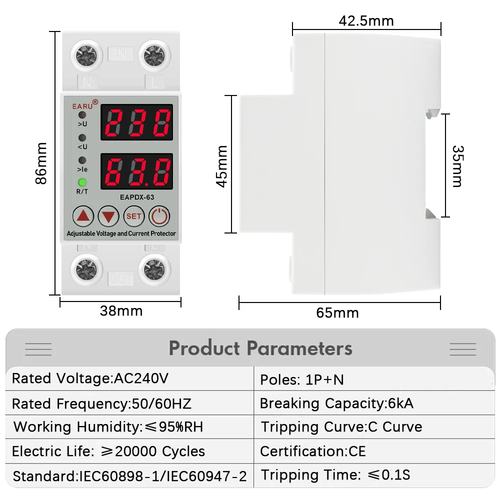 40A 63A 230V Din Rail Adjustable Over Voltage And Under Voltage Protective Device Protector Relay Over Current Protection Limit