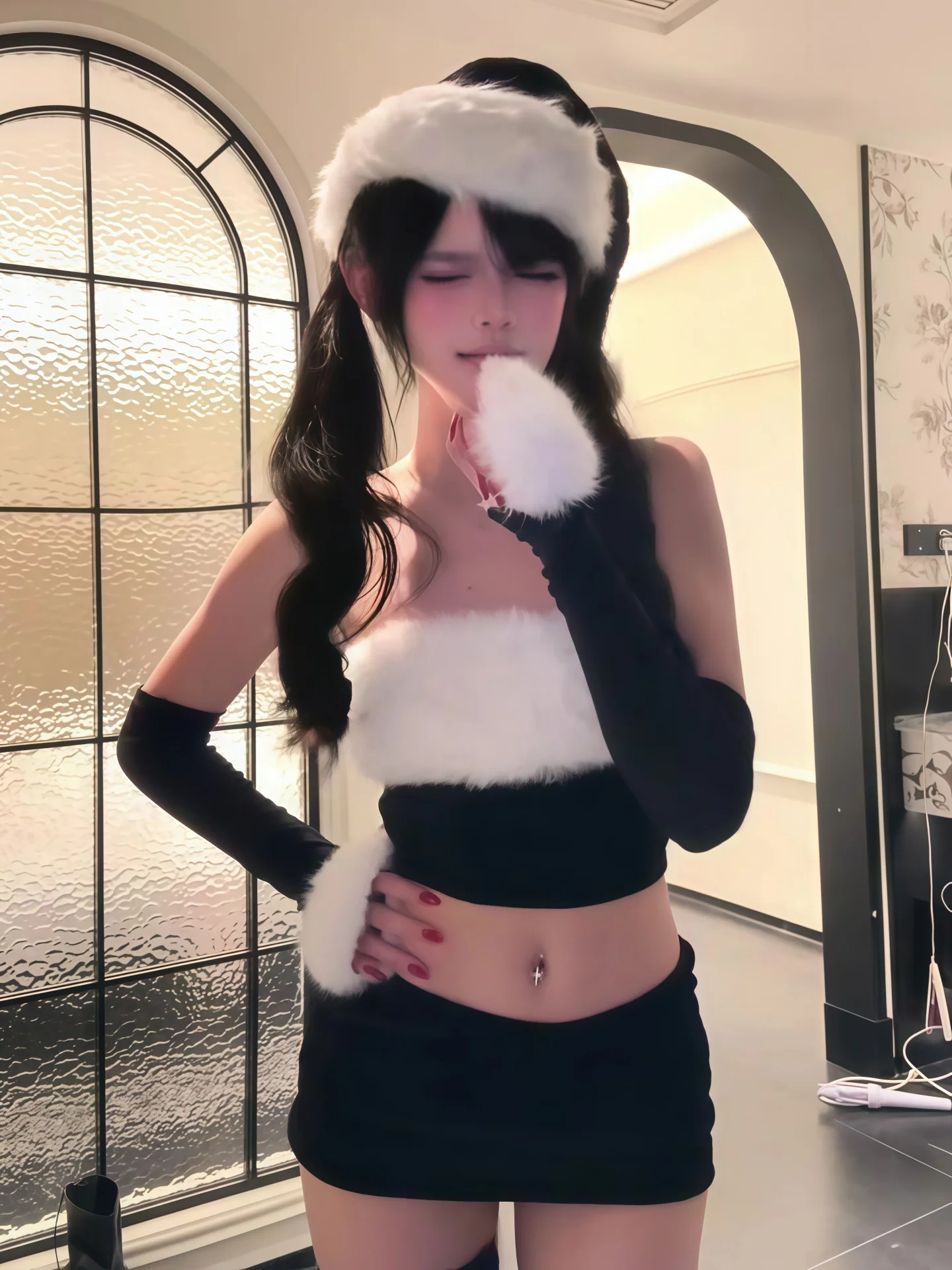 

Sexy Spicy Girl Set Women Early Spring New Year's Black Fluffy Tube Top Wrap around Skirt Fashionable Breathable Polyester
