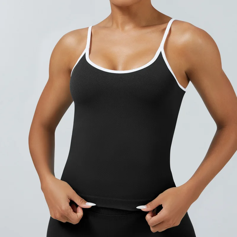 Tops cortos deportivos de punto para mujer con bloques de color, espalda descubierta, sexy, con almohadillas en el pecho y tirantes, ideales para yoga y fitness de verano.