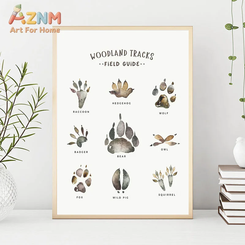 AZNM Watercolor Woodland Animal Canvas Wall Art Fox Wolf Raccoon Owl Footprint Tail Print Painting for Baby Nursery Kids Bedroom