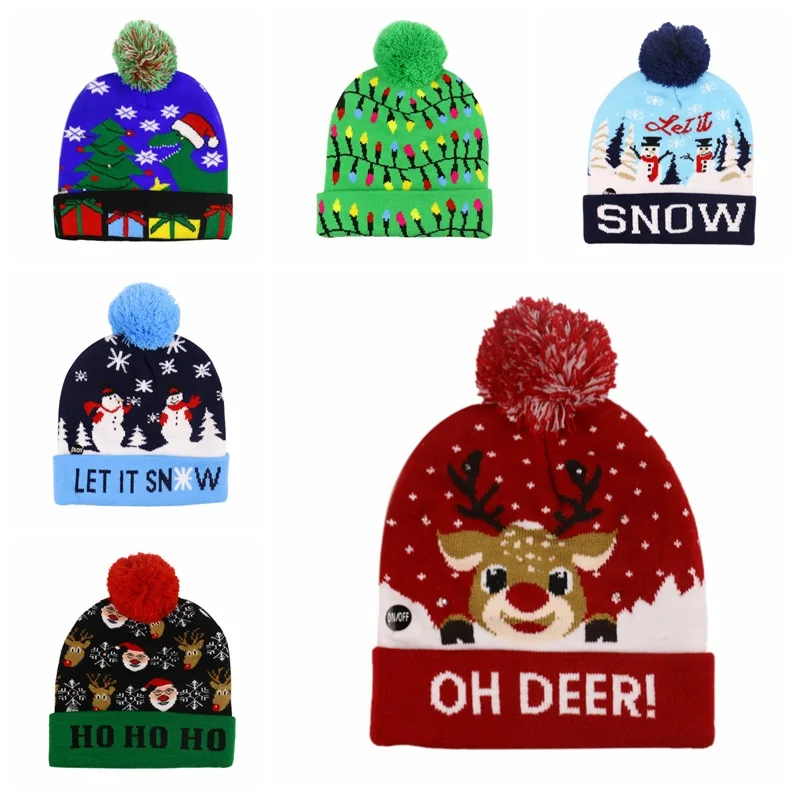 Christmas LED Light-Up Beanie, Colorful Glowing Pom-Pom Knit Hat,Reindeer, Snowman, Tree Cuffed Beanie, Warm Holiday Party Hat