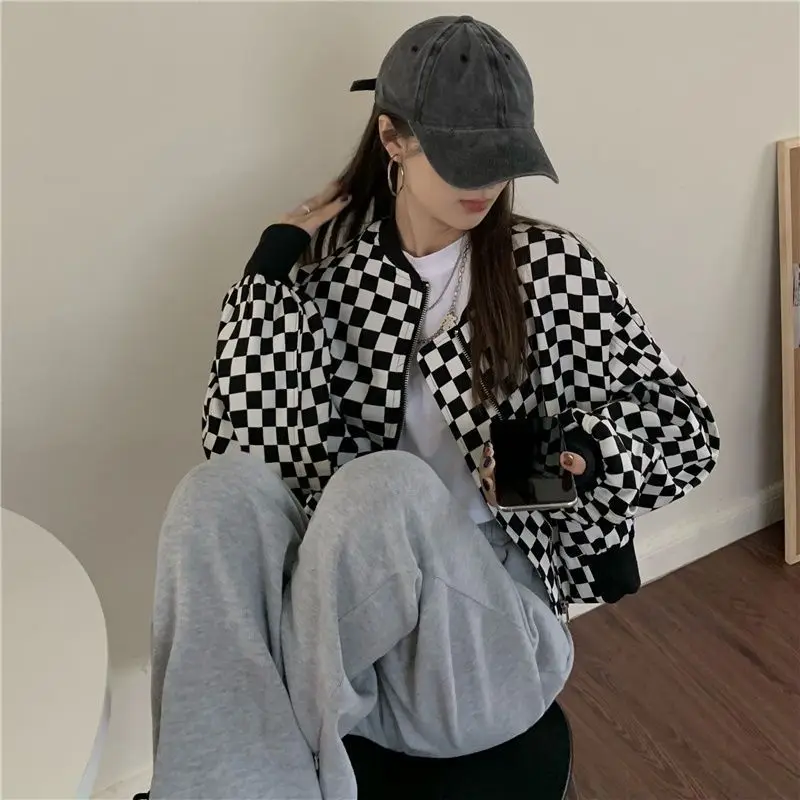 Vintage Chessboard Pattern Jackets Autumn New Casual Long Sleeve Korean Women's Clothing Streetwear Spliced Stylish Zipper Coats