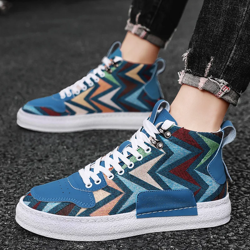 2024summer Fashion Print Men's Casual Shoes Mesh Breathable High-Top Sneakers Man Comfortable Flat Skateboarding Shoes For Men