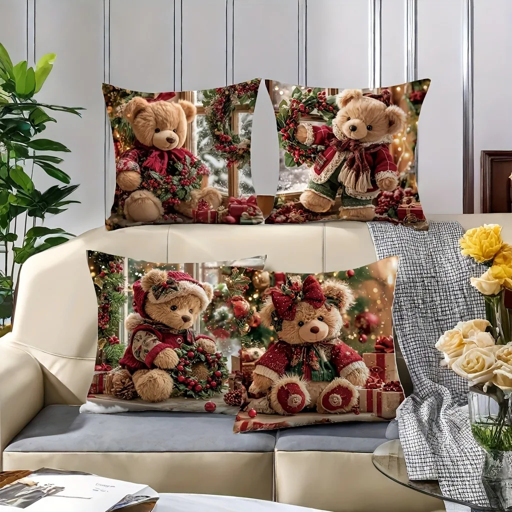 Christmas bear holding a garland, decorate a warm pillowcase, New Year home decoration 2d flat printing