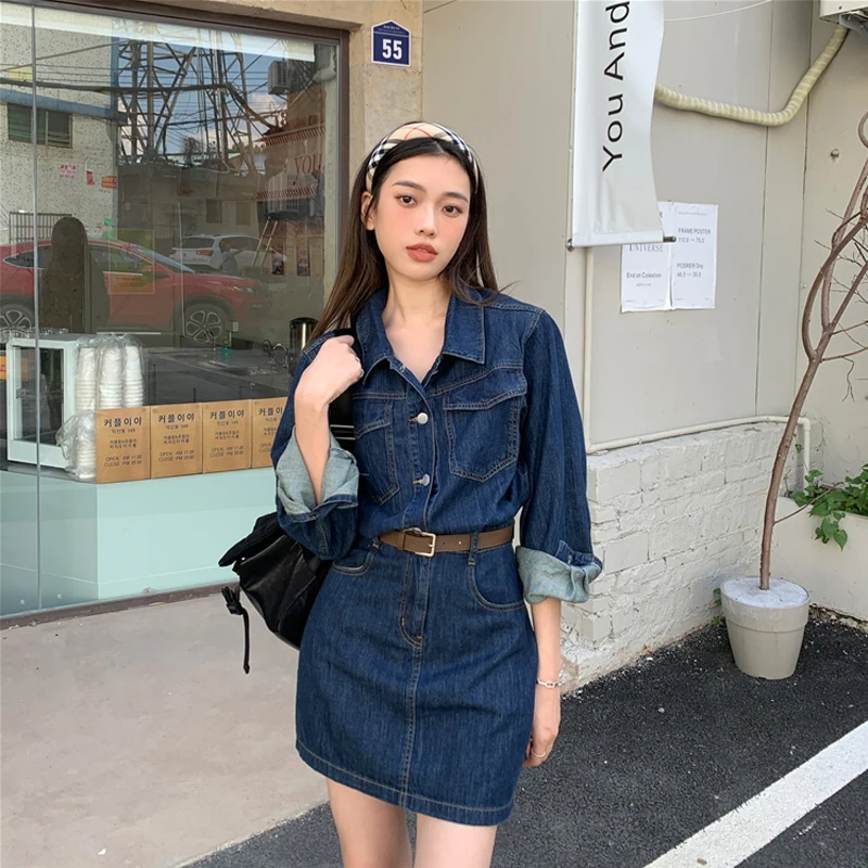Vintage Denim Dress For Women Spring Summer Long Sleeve Slim Fit Short Jean Dress Chic Female Casual Mini Dress Street wear