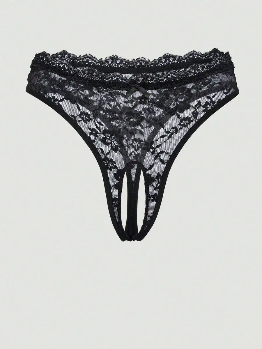 Panty de Encaje Floral Negro con Diseño de Espalda Abierta y Tirantes