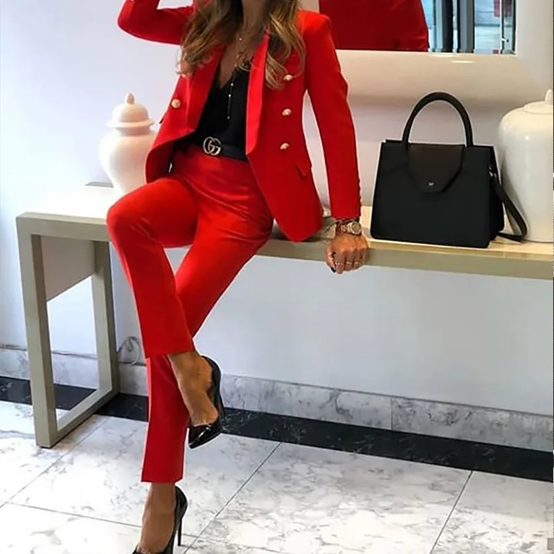Women Blazer Suits Two 2 Pieces Sale Casual Slim OL Notched Button Blazer Jacket Coats& High Waist Pencil Pant Suits