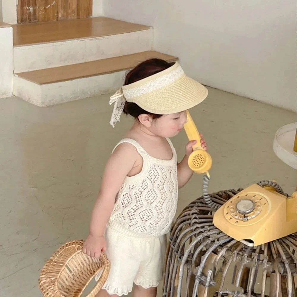 

Ins Summer Baby Straw Caps Korean Empty Top Bow Lace Straw Hat Wide Brim Beach Children Sun Hat for Kids