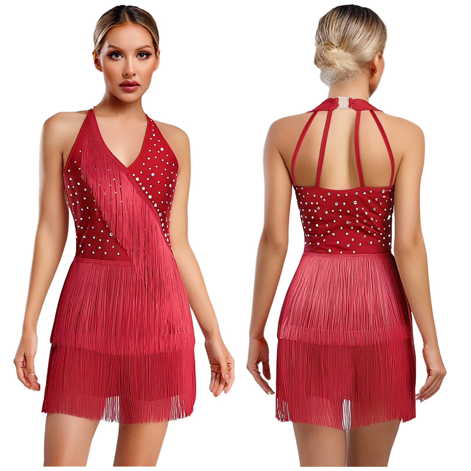 

Women Latin Dance Dress Halter Sleeveless Spark Rhinestones Fringed Strappy Back Dance Jumpsuit For Jazz Tango Salsa Costume