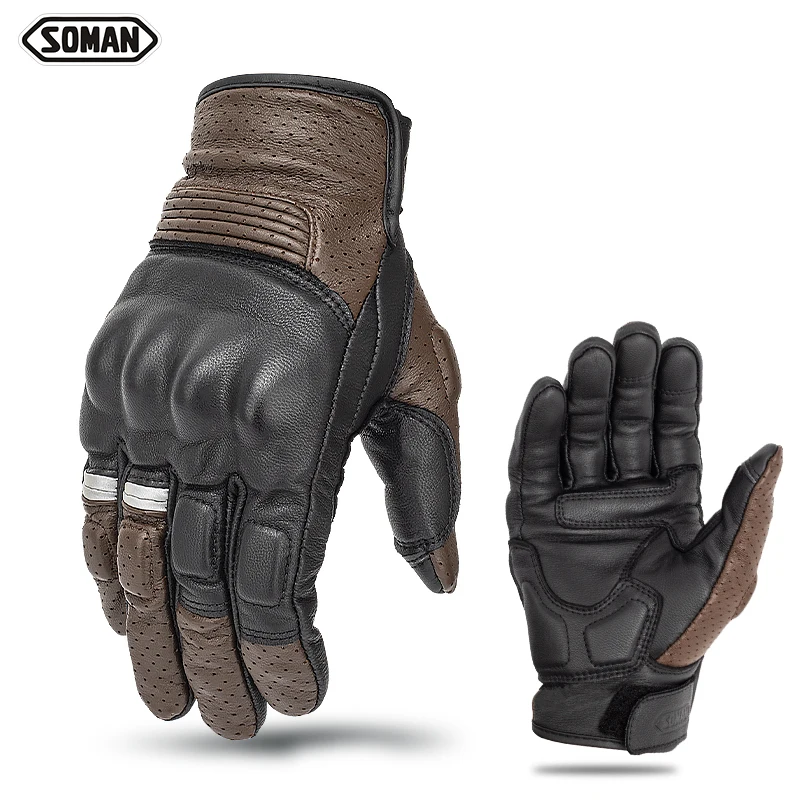 Soman Motorcycle Gloves Genuine Goat Leather Retro Motocross Gloves Full Finger Breathable Motorbike Locomotive Gloves