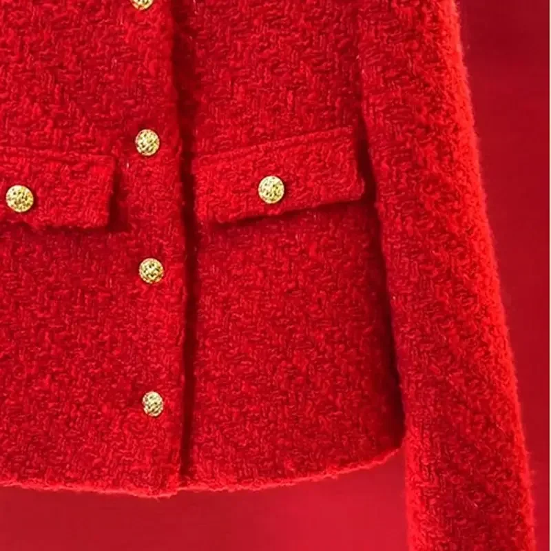جديد جودة عالية أزياء الأحمر تويد سترة معطف المرأة الفرنسية س الرقبة طويلة الأكمام زر معدني قصير ملابس خارجية صوفية أنيقة