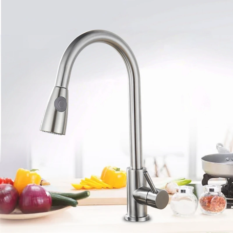 Brushed Nickel Kitchen Faucet Single Hole Pull-Out Spout Mixer Tap with Stream Sprayer Chrome/Black