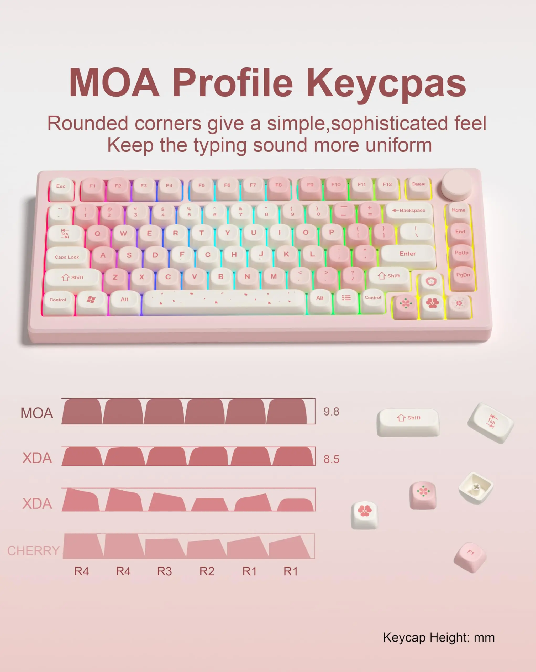 Rosa Kirschblüten-PBT-Tastenkappen, MOA-Profil, Farbsublimations-Tastenkappe, individuelles 133-Tasten-Set für mechanische MX-Switches-Tastatur