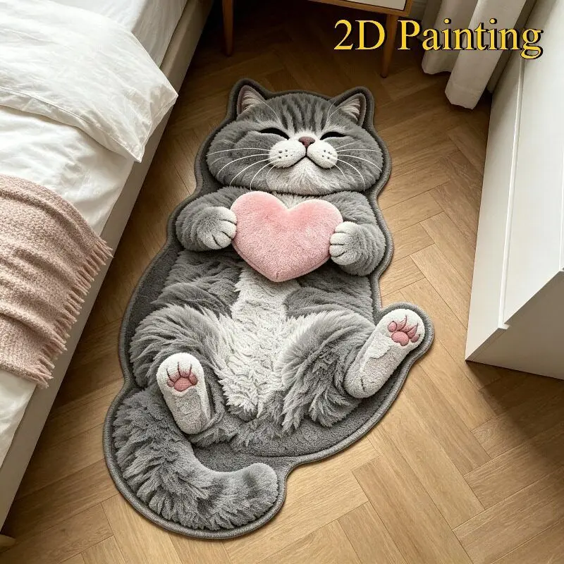 VIKAMA Lying Cat Rug, Gray White Cat Lying Down 2D Painting Floor Mat, Realistic Cat Carpet for Bedroom Living Room