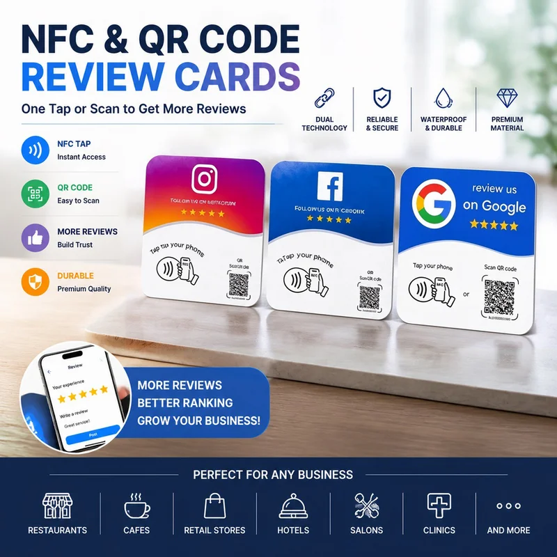 Programmable Social Media Sign Acrylic NFC+QR Code Google Review Cards NTAG215 Chip Reusable Contactless Code Recognition Plaque