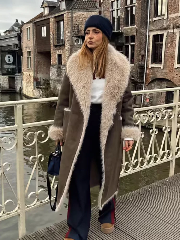 HH Women Reversible Long Coat Female Chic Faux Fur Effect Jacket Long Sleeves Pocket Lapel One Button Casual Winter Warm Outwear
