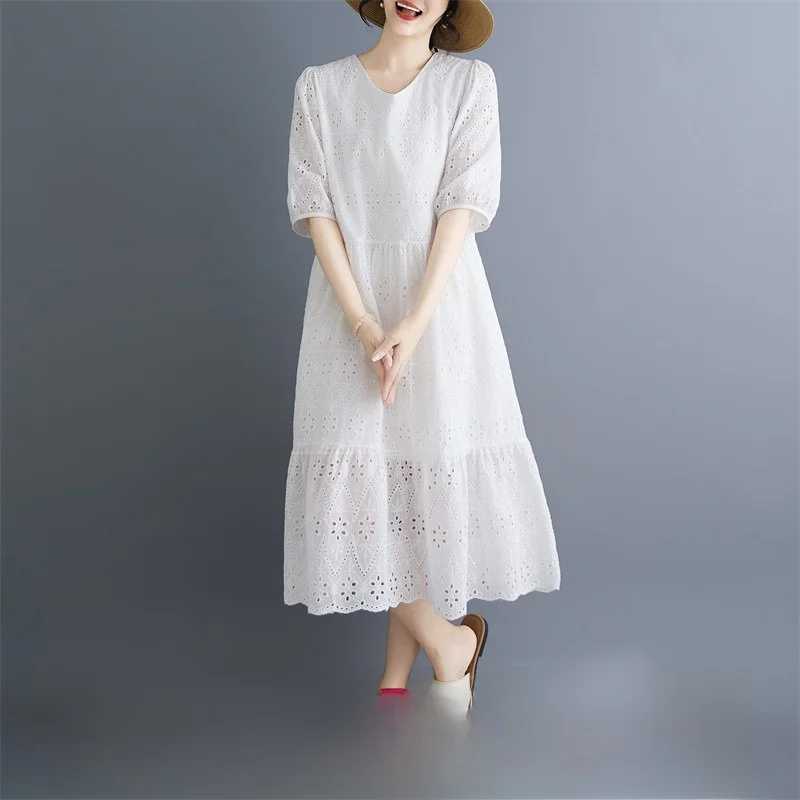

Loose Waist V-Neck Maxi Dress with Lace Trim Cotton plus Size Women's Summer Dress Artistic Style Polyester Fiber