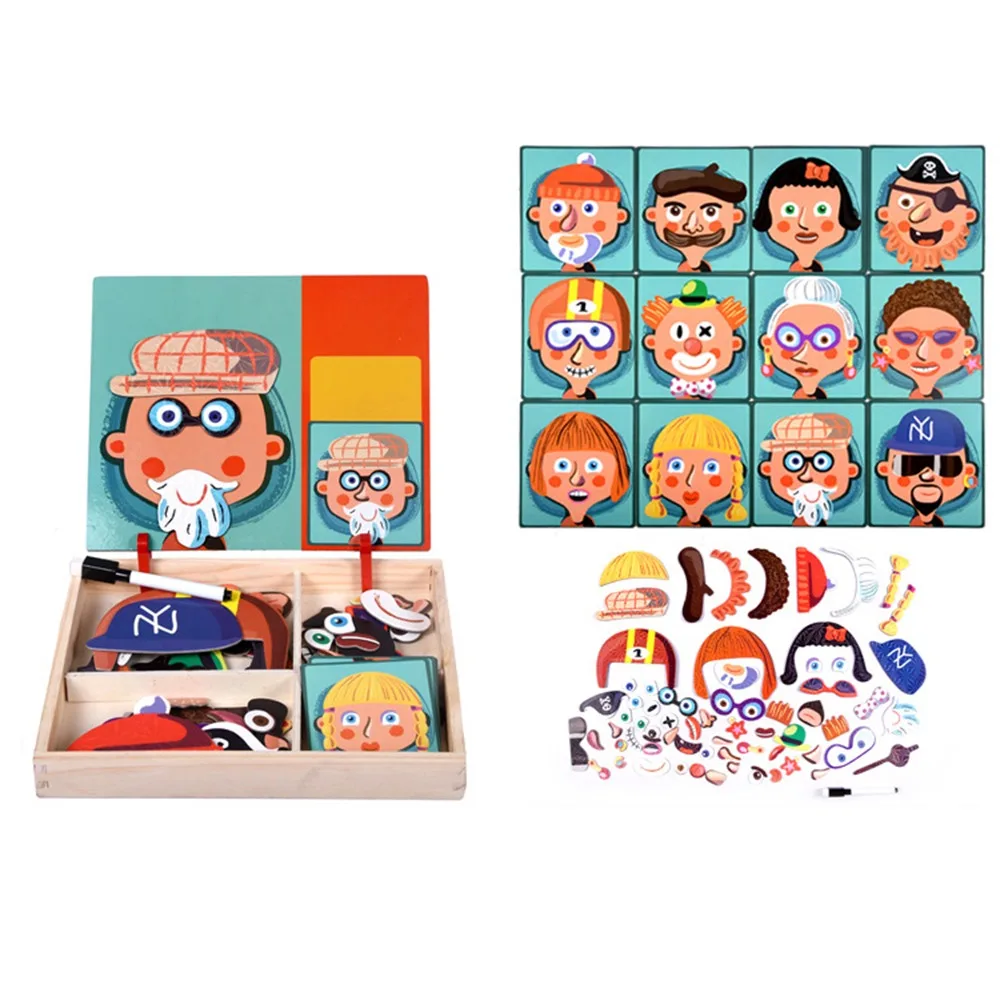

Creative Wood Magnetic 3D Puzzles with Lid Reusable Magnetic Stickers Toys Blackboard Easy To Storage Wooden Puzzles Magnet Book