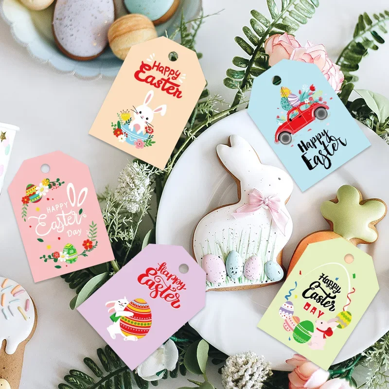 Happy Easter Gift Tags Rabbit Bunny Ear Print Paper Cards Packaging Hang Tag Labels Easter Party Decoration Supplies 48pcs Mix