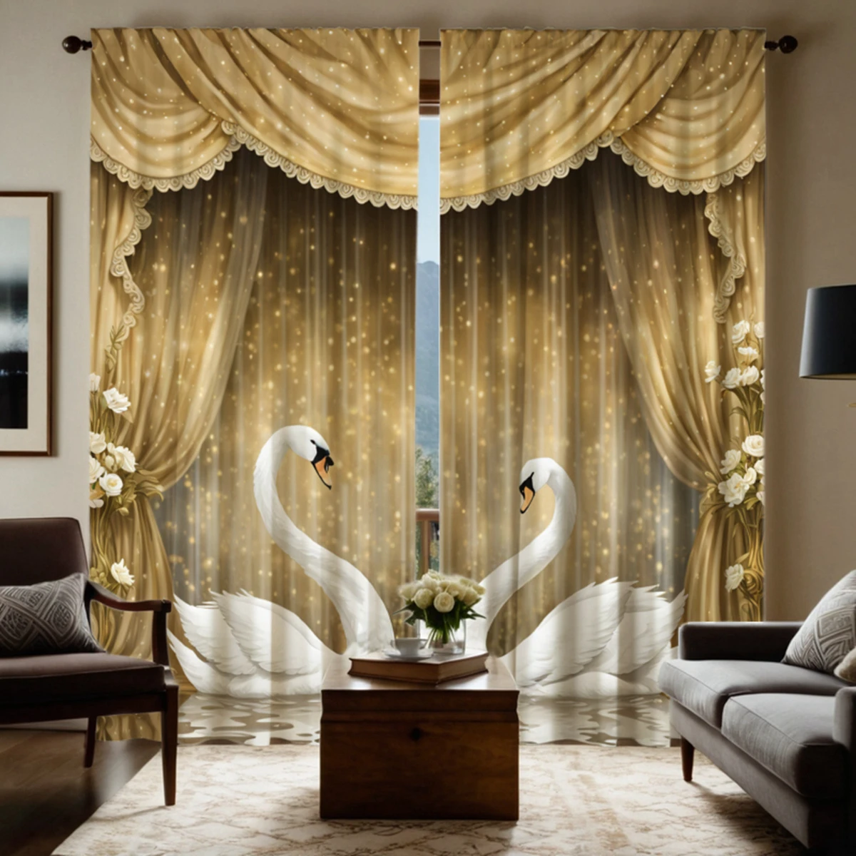 

2 Pieces HD Digital Yellow Color Swan Love Curtains Home Decorating Style Decorating Living Room Bedroom Rodding Curtain Effect