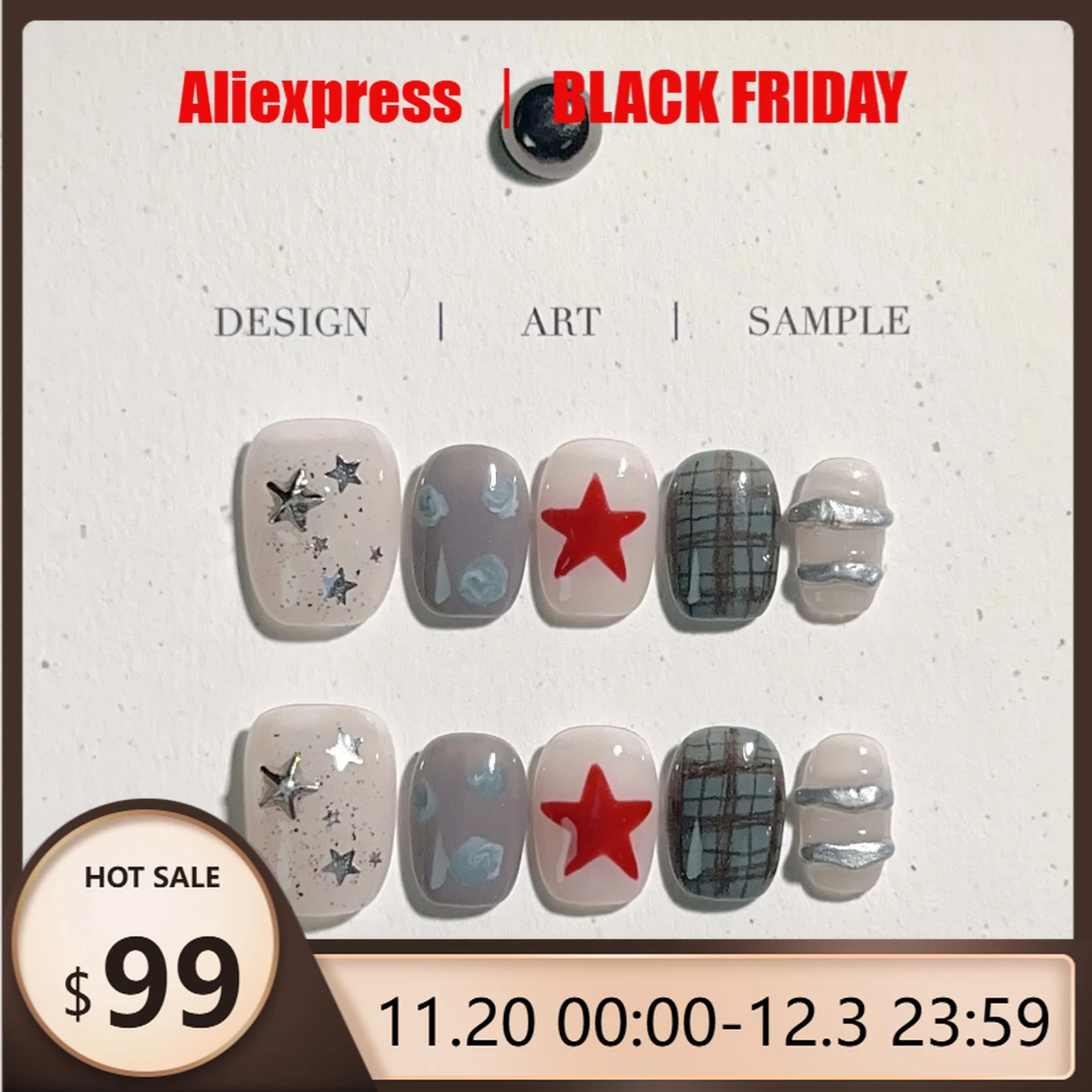 10pcs Kuku Palsu Buatan Tangan Bentuk Bintang Lima dengan Pola Kotak Lukis Tangan, Full Coverage untuk Wanita & Remaja Putri, Dapat Dilepas dan Dipakai