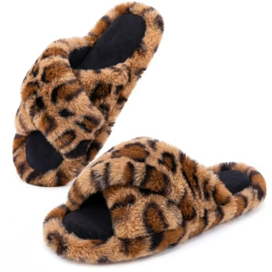 

Snug Leaves Women's Fluffy Cross Band Open Toe Slippers with Indoor Outdoor Non Slip Sole