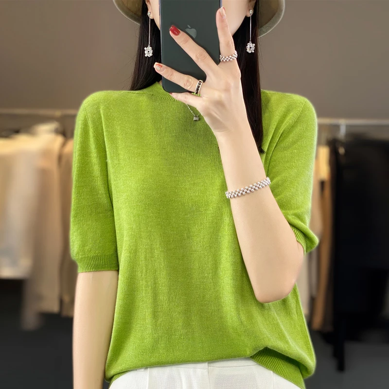 Summer O-Neck Cashmere Sweater Solid Color Half Sleeve women\'s Loose Cashmere Short Sleeve Top