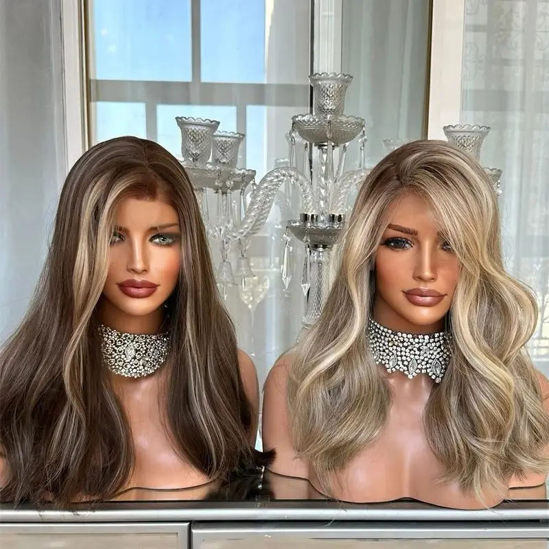 

Natural Wave Bob Free Part Ombre Brown Blonde Synthetic Lace Front Wig Preplucked Hairline with Baby Hair For White Black Women