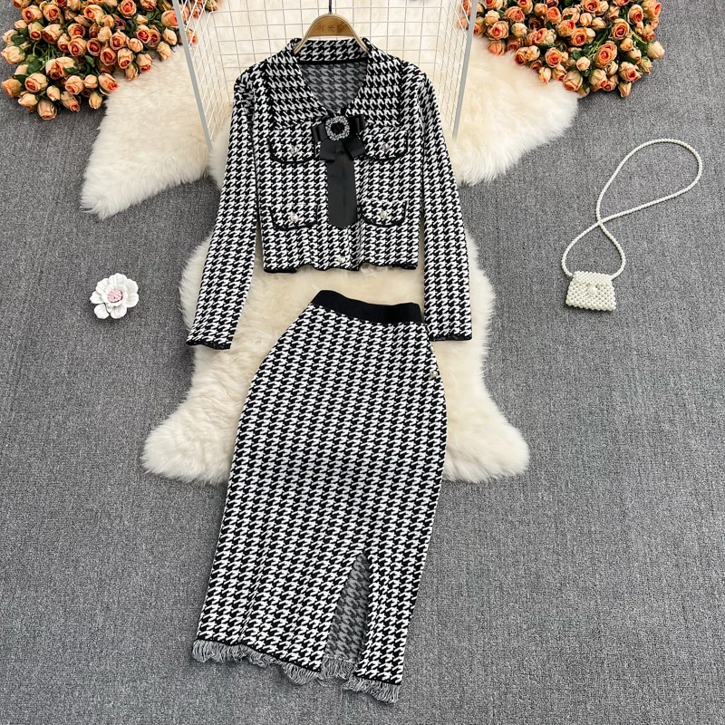 Fall Knitted Diamond Bow 2 Piece Set Women Single Breasted Sweater Cardigan Tops + Bodycon Skirt Suits Houndstooth Two Piece Set