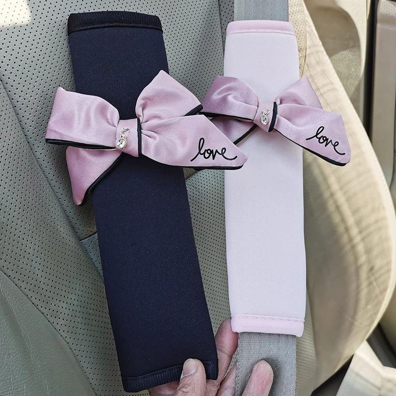 2pcs Car Belt Cover Cute Bow Tie Seat Belt Shoulder Pad Auto Interior Pink Princess Bow Decor Protector Cover Accessories