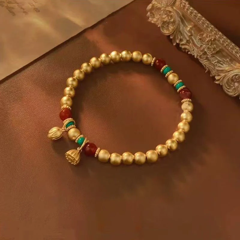 الرجعية لوتس البذور قلادة سوار العتيقة الذهب الحرفية جولة الخرز أساور للنساء الفيروز ضوء المجوهرات الفاخرة #1