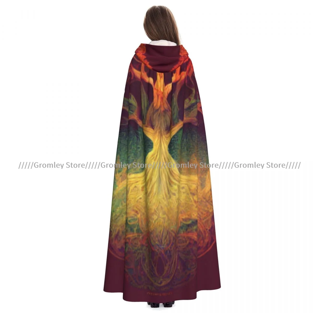 Unisex Halloween Cloak Yggdrasil Tree Cape Hooded Medieval Costume Witch Wicca Vampire