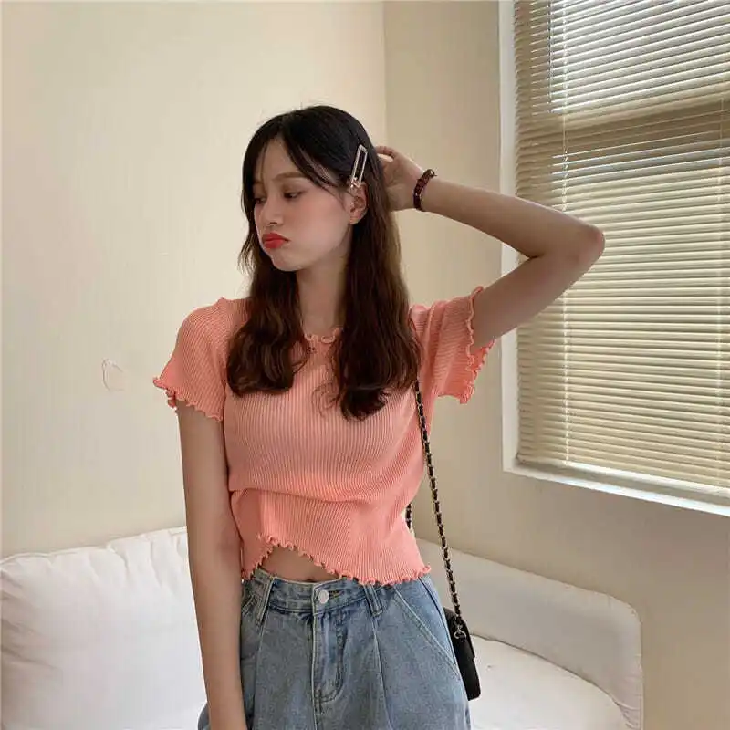 T-shirts Women Summer Lovely Korean Preppy Style Basic Edible Tree Fungus Sweet Girl Solid Tops Thin Knitted Short Sleeve Skinny