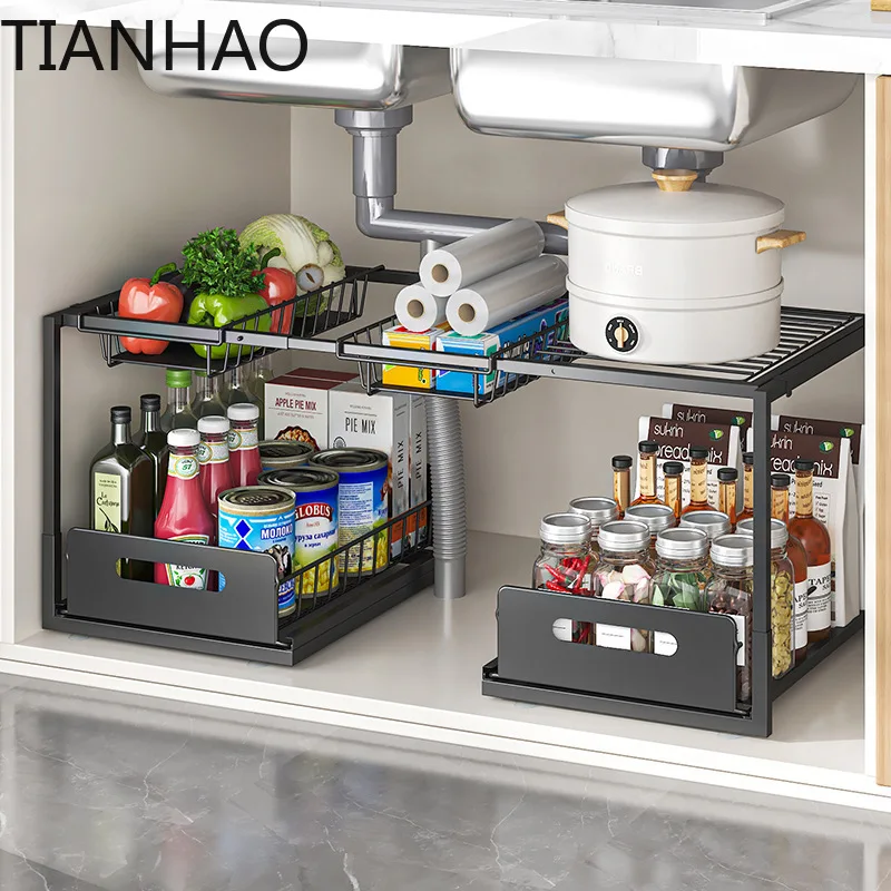 Double layered storage rack under sink - adjustable sliding rail with wire sliding pull, can store more things and save space