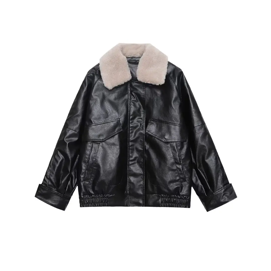 

Long Sleeve All-match Lapel Zipper Coat Outerwear Mujer 2025 Winter New Fashion Faux Leather Jacket Retro