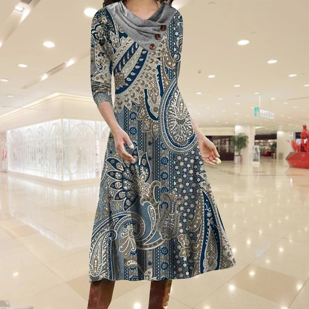 New Fashion Women Elegant Dress Autumn/Winter Overlap Collar Women's Button Printed Loose Mid Length Clothing