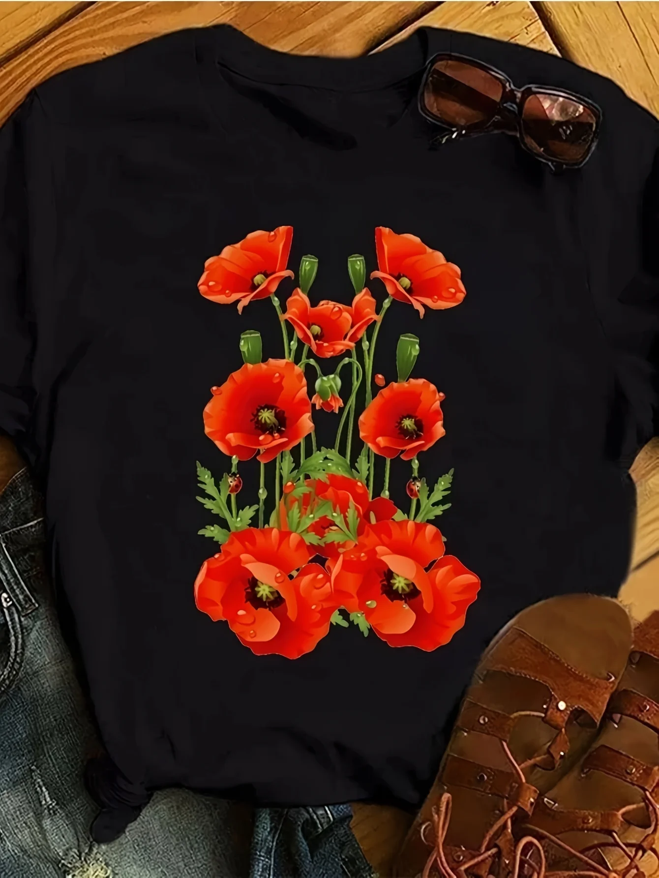 Fashion Red Poppy women and men T Shirt Funny Printed Tops Tee Female Short Sve Tshirt Harajuku Tee  Unisex All T-Shirt