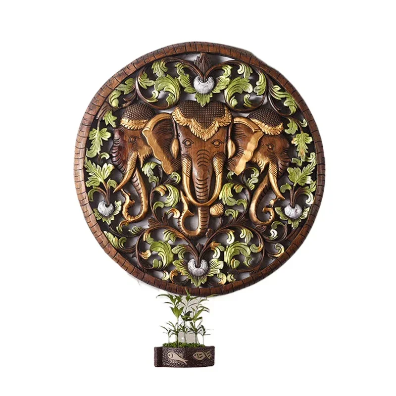

Thailand Handmade Wood Carving Flower Plate Auspicious Elephant Wall-Mounted Southeast Asia Home Decorations