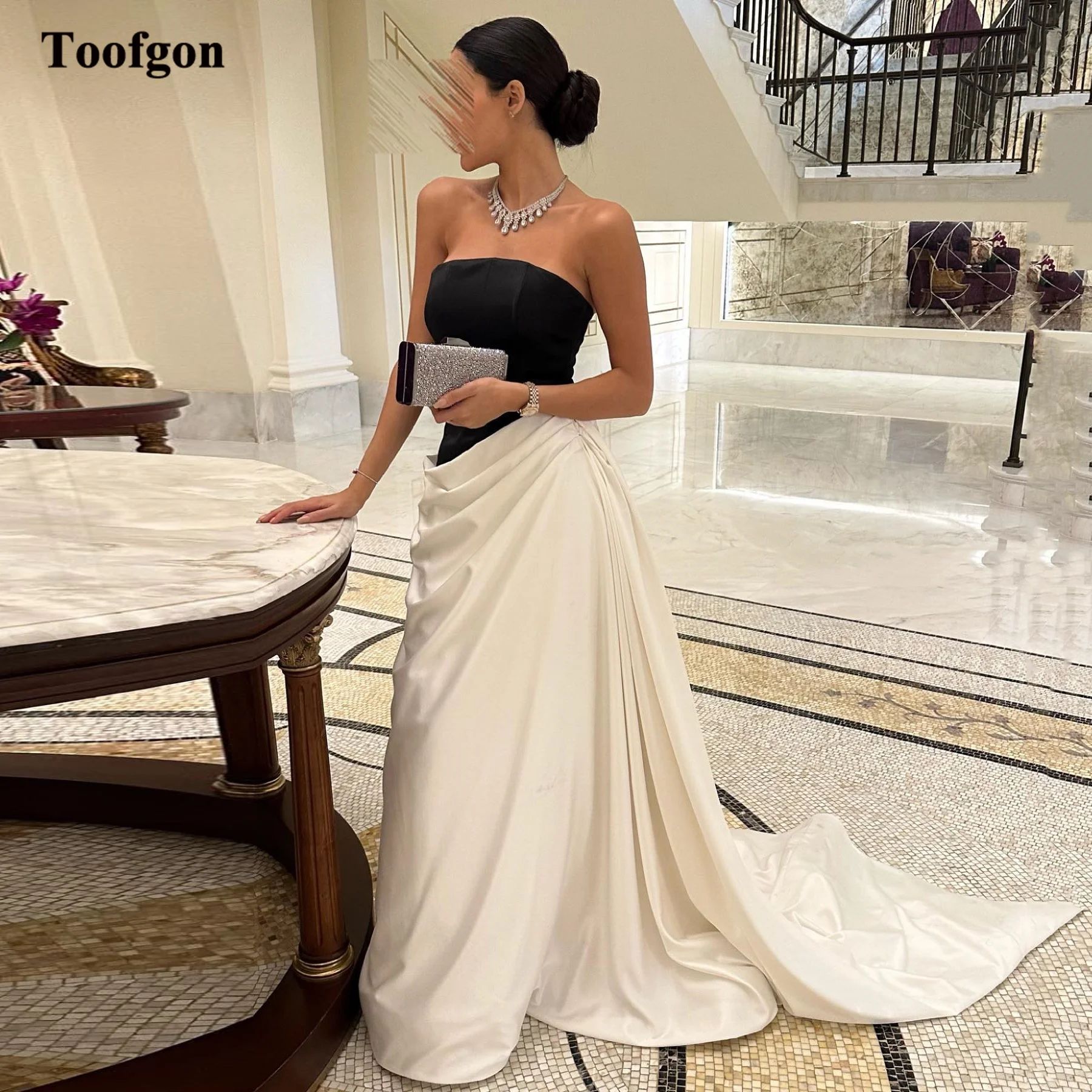 

Toofgon Customized Black Ivory Satin Saudi Arabic Prom Dresses Draped Formal Special Occasion Dress Evening Party Birthday Gowns