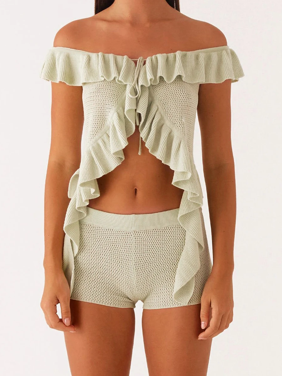 

New Fashion Women 2-Piece Summer Outfits Ruffles Knitted Off-Shoulder Tie Front Tops And Elastic Shorts For Club Streetwear S-XL