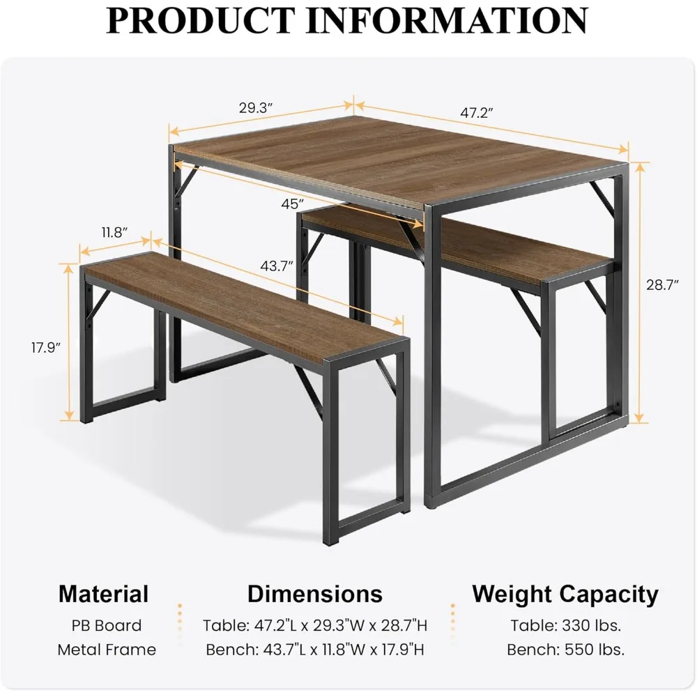 Kitchen Dining Table Set for 4 with Benches, Rustic Small Space Saving Dinette, Heavy Duty Metal Frame