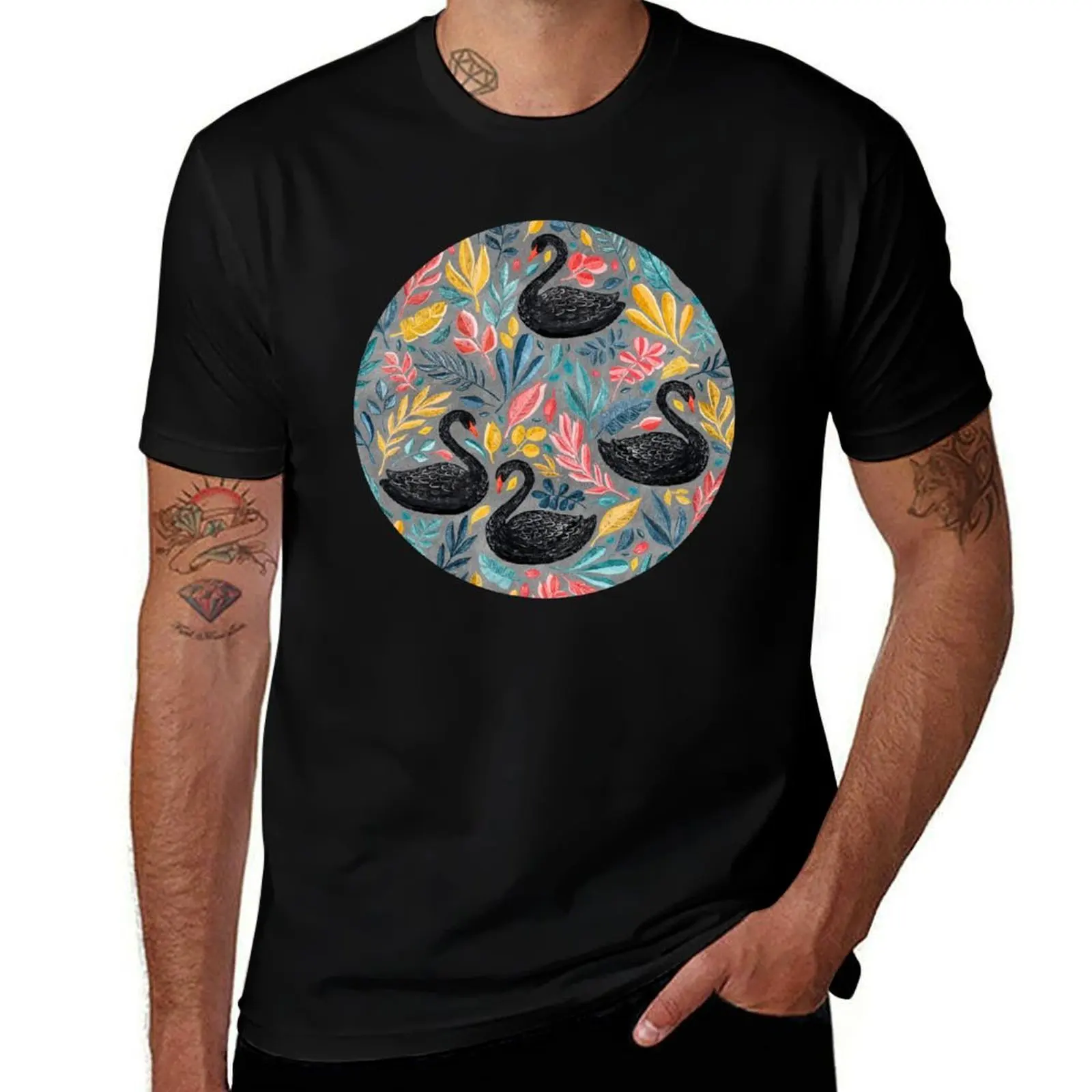 

Bonny Black Swans with Lots of Leaves on Grey T-Shirt t shirt man luxury cotton t shirts man 100% t shirt man designer T-Shirt